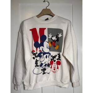 Mickey Mouse Crewneck Sweatshirt Vintage 90's White Big Graphic Size LARGE